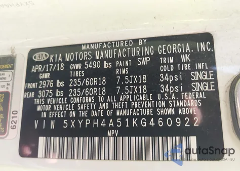 2019 Kia Sorento 3.3L Ex z USA, uszkodzony, nr VIN 5XYPH4A51KG460922